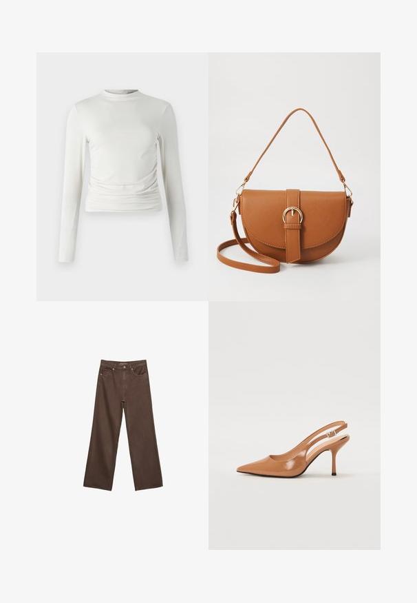 Bela dolgimi rokavi majica s krožnim ovratnikom, izdelana iz gladkega materiala, z stranskim gubanjem in oprijetim krojem.; Široke rjave kavbojke iz denima, ki imajo visok pas, sprednje žepe in klasično zapiranje na gumb. Gladka tekstura s subtilnim šivom.; Slinčaste pete z ostro konico v gladkem, sijočem bež materialu. Imajo ukrivljen rez in vitko stiletto peto. Podrobnost s srebrno zaponko.; Rjava usnjena torbica prek telesa s ukrivljeno obliko, zlate opreme in sponko. Ima odstranljiv naramni trak.