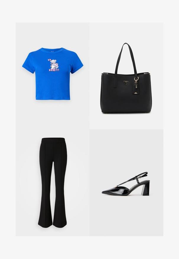 Niebieski skrócony t-shirt z bawełny, z grafiką przedstawiającą niedźwiedzia i napisem "OH HONEY!" w różowym kolorze. Krótkie rękawy i okrągły dekolt.; Czarne spodnie dzwony z elastycznego materiału o gładkiej strukturze, z detalami szwów z przodu dla dodatkowego stylu.; Czarne lakierowane szpilki z odkrytymi piętami, z ostrym noskiem, regulowanym paskiem i masywnym prostokątnym obcasem.; Czarna torba na ramię wykonana z teksturowanego materiału syntetycznego, z dwoma uchwytami, złotą blaszką z logo oraz małą metką z detalem akcentującym.