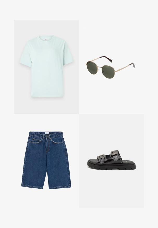 Svetlo mint zelena bombažna majica s kratkimi rokavi in okroglim izrezom. Ima majhen bel logotip na zgornjem levem prsnem delu.; Denim kratke hlače v temno modri barvi, z zasnovo petih žepov, ravnim krojem in vidnimi šivi. Gladka tekstura in srednji pas.; Črne sandale z dvema širokima naramnicama, okrašenima s tremi studnami in podrobnimi zaponkami, postavljene na trden teksturiran gumijast podplat.; Okrogle sončne očala z metalnimi zlato obroči in temno zelenimi lečami. Ročaji imajo obliko želvovine za dodatne podrobnosti.; Črna torbica iz umetnega usnja z prešito teksturo, ukrivljeno obliko, srebrno verižico in malim logotipom spredaj.