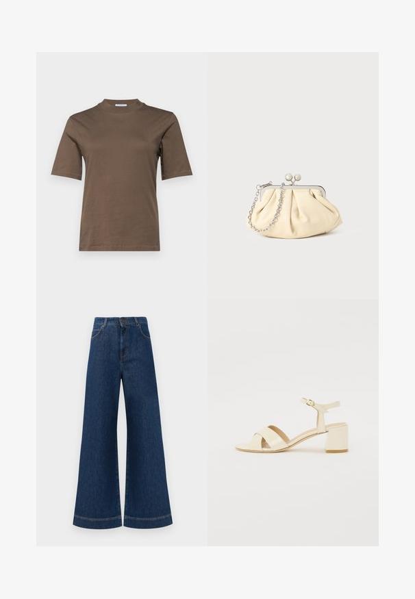 Filippa K MOCK NECK TEE - Camiseta básica - driftwood; Jeans de mezclilla azul de pierna ancha con una cintura alta, que cuentan con un cierre de botón, pasadores para cinturón y detalles de costura sutil a lo largo de los bolsillos y los dobladillos.; Sandalias de tacón de charol beige con diseño de tira cruzada, puntera abierta, correa ajustable en el tobillo y tacón cuadrado. Textura suave.; Clutch de cuero beige plisado con un marco de metal plateado, que cuenta con dos broches decorativos redondos y una correa de cadena plateada.
