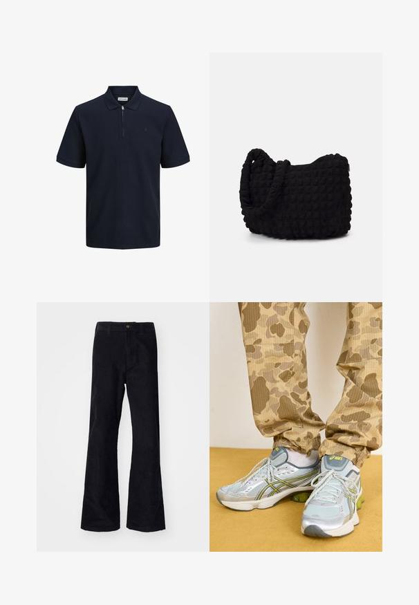 Marineblå polo skjorte med korte ærmer, struktureret stof, krave og en halvdækker. Har et lille logo på venstre bryst.; Sorte, bomuldsforlængede bukser med en traditionel linning, enkelt forreste knap og lommer på siderne og bagpå. Glat tekstur.; Lys grå sportssko med sølv accenter, grønne polstringsdetaljer og en tekstureret mesh-overdel, parret med beige camouflage-mønstrede bukser.; Sort stofpose med en struktureret, quilted mønster. Rund form, korte, tykke håndtag, og en blød, fleksibel struktur.