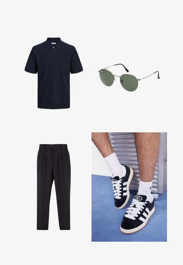 Námornícka polo košeľa s krátkymi rukávmi, textúrovaná látka, golier a polovičný zips. Obsahuje malé logo na ľavej hrudi.; Čierne nohavice s plisovaným predným dizajnom, vyrobené z hladkej látky. Majú zapínanie na gombík a pútka na opasok; rovný strih.; Čierne semišové tenisky s bielymi šnúrkami a tromi bielymi pruhmi. Obsahujú kruhové čierne logo na jazyku a gumovú podrážku.; Sunglass s metalovým rámom s oválnymi zelenými šošovkami. Tenký strieborný kovový rám a čierne štuple za uši. Minimalistický dizajn, bez viditeľných log.