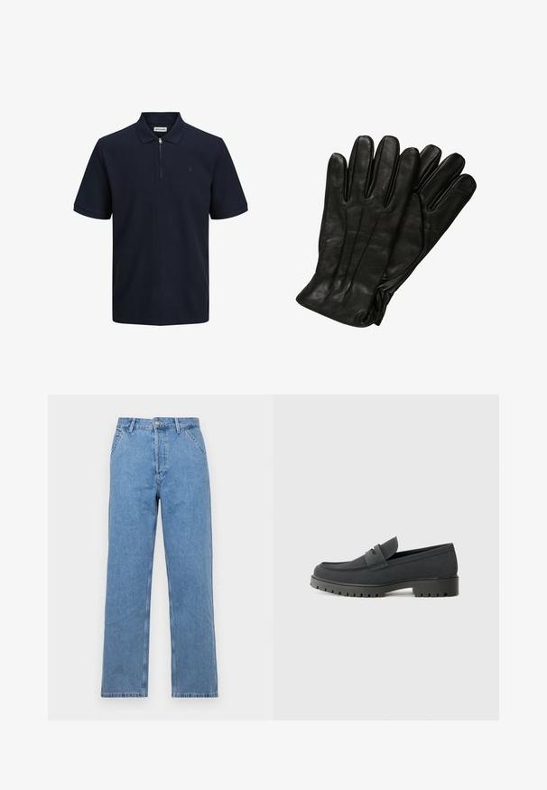 Polo navy de mangas curtas, tecido texturizado, colarinho e um fecho de correr até meio. Apresenta um pequeno logótipo no lado esquerdo do peito.; Jeans de denim azul claro com corte reto e design clássico de cinco bolsos, apresentando um fecho frontal por botão e passantes para cinto. Textura suave.; Sapatilha loafer preta com um acabamento liso e mate, apresentando uma ponta arredondada e uma sola espessa e texturizada. Acentuada com uma faixa na parte da frente.; Luvas de couro preto com uma textura lisa, cinco dedos e detalhes de costura subtis. Design clássico, adequado para uso em clima frio.