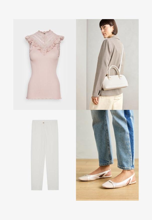 Rosemunde Top - vintage powder; Calças brancas, ajustadas, com um design de perna reta, apresentando um fecho de botão, passantes para cinto e bolsos laterais; textura de tecido suave.; Sapatilhas slingback de cor rosa pálido com bico fino, feitas de um material semelhante a couro liso. Apresentam detalhes recortados nas laterais e um salto plano.; Bolsa estruturada branca com alças curtas e uma alça de ombro, com detalhes em hardware dourado e material texturizado, exibida contra um fundo cinza.