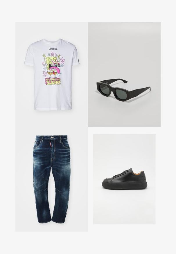 White cotton t-shirt featuring a colorful SpongeBob graphic with text "NOT AFRAID TO BE SQUARE," floral accents, and short sleeves.; Dark blue denim jeans with a faded wash, five-pocket design, zip fly, and contrasting stitching. Features slight distressing on the knees.; Black leather sneaker with a round toe, lace-up front, smooth texture, thick rubber sole, and contrasting tan interior.; Black rectangular sunglasses with green tinted lenses, thick frames, and flat temples featuring a smooth plastic texture.