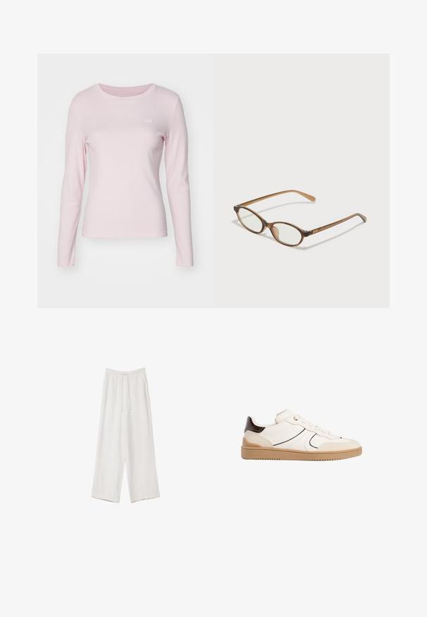 Levi's® ESSENTIAL TEE - Langarmshirt - potpourri; Weiße weit geschnittene Hose aus leichtem Stoff. Mit einem elastischen Bund und Kordelzug sowie Seitentaschen. Glatte Textur.; Stradivarius Sneaker low - white; Braune Schildpatt-Brille mit ovalen Gläsern, dünnen Bügeln und transparenten Akzenten. Verfügt über ein dezentes Logo am Bügel. Elegantes, leichtes Design.