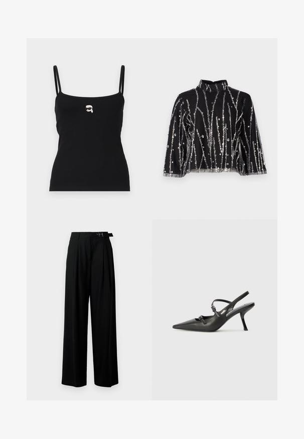 Fekete bordázott ujjatlan felső vékony pántokkal, elöl egy napszemüveges figura kis fehér grafikájával.; Fekete, cropped fazonú felső magas nyakkal, ezüstszínű flitteres függőleges csíkokkal, áttetsző ujjakkal és texturált anyaggal.; Fekete, bő szárú nadrág magas derékkal, elöl pliszírozva, és csattal ellátott övvel. Simább, könnyű anyagból készült.; Fekete bőrszíjjal ellátott magassarkú cipő, hegyes orral, karcsú sarkával és díszes csattal a vamp részén. Simás textúra és elegáns dizájn.