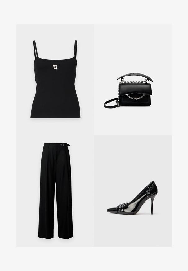 Czarny prążkowany top na ramiączkach z cienkimi paskami, z małym białym nadrukiem postaci w okularach przeciwsłonecznych z przodu.; Czarne spodnie szerokie w nogawkach z wysokim stanem, z plisami z przodu oraz paskiem z klamrą. Wykonane z gładkiego, lekkiego materiału.; Czarne lakierowane szpilki z wydłużonym noskiem, trzema ozdobnymi paskami z ćwiekami oraz logo "Karl Lagerfeld" na obcasie.; Czarna skórzana torebka o zorganizowanym fasonie, z łańcuszkiem i akcentami uchwytu, oraz teksturowaną powierzchnią. Posiada klapkę z widocznym logotypem.