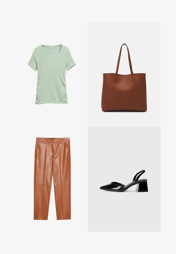 Világoszöld, rövid ujjú felső, textúrált anyagból készült, kerek nyakkivágással és oldalán ráncolt részletekkel a testhezálló megjelenésért.; Barna műbőr nadrág, testhez simuló fazonnal, elöl pliszírozott részletekkel és egyenes szárakkal. Sima textúra, látható fém részletek vagy díszítések nélkül.; Fekete lakk bőr szandálkés magas sarkú cipő, hegyes orral és geometrikus tömbsarkakkal. Karcsú, minimalista dizájn és sima textúra jellemzi.; Barna bőr vászontáska sima textúrával, nyitott tetejű dizájnnal és két vállpánttal. Minimális varrással és látható hardver nélkül készült.