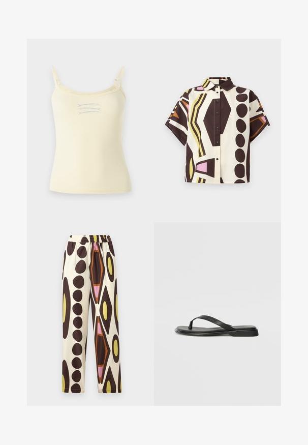 Top cu bretele subțiri ajustabile, de culoare galben deschis, cu o textură netedă și un design ajustat, având o mică grafică cu un pește albastru în centru.; Cămașă cu mâneci scurte, cu guler, din bumbac, având un model geometric în nuanțe de maro, crem, roz și verde, cu nasturi negri.; Pantaloni cu talie elastică dintr-o țesătură ușoară, având un fundal crem cu modele geometrice mari în nuanțe de brun, galben, roz și portocaliu.; Sandale negre din piele netedă, cu un design cu curea subțire și o talpă plată cu un profil minimalist. Fără modele sau accente notabile.