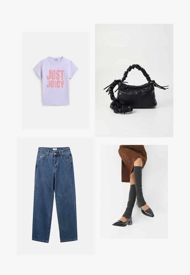 Fialové bavlněné tričko s krátkými rukávy, s velkým metalickým růžovým nápisem "JUST JUICY" na přední straně. Standardní kulatý výstřih.; Klasické modré džíny z denimu se střihy rovné nohy, pěti kapsami a zapínáním na knoflík. Mají střední odstín a odolnou texturu.; Černé lakované boty s špičatou špičkou, blokovým podpatkem a kotníkovým páskem, spárované s šedými žebrovanými návleky na nohy a hnědskou sukní z semiše.; Černá kabelka z umělé kůže s krokodýlím vzorem, staženým vrškem a zmačkaným popruhem. Zdá se, že má měkký a kompaktní design.