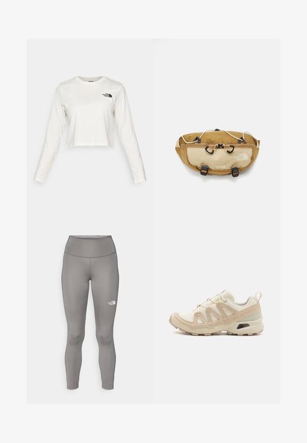 Skrócony, longsleeve t-shirt w kolorze kości słoniowej, z małym czarnym logo na lewej piersi i okrągłym dekoltem.; Szare legginsy z elastycznego materiału, z wysokim stanem i białym logo Northern Face na lewym udzie.; Beżowe i kremowe buty sportowe z teksturowanej siateczki, wspierającymi nakładkami oraz gumową podeszwą z wzorem bieżnika zapewniającym przyczepność.; The North Face UNISEX brązowy