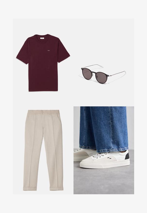 Camiseta de algodón burdeos con cuello redondo, mangas cortas y un pequeño logo blanco "NN. 07" en el pecho. Textura suave, ajuste estándar.; Filippa K TERRY CROPPED TROUSERS - Pantalones - sage melange; Zapatillas blancas y negras con una parte superior de cuero suave, acentos texturizados y una suela blanca gruesa. Presenta un diseño clásico de cordones.; Gafas de sol redondas negras con lentes oscuros y brazos metálicos delgados. Incluye puntas de varilla transparentes y acentos plateados en la bisagra. Diseño minimalista.