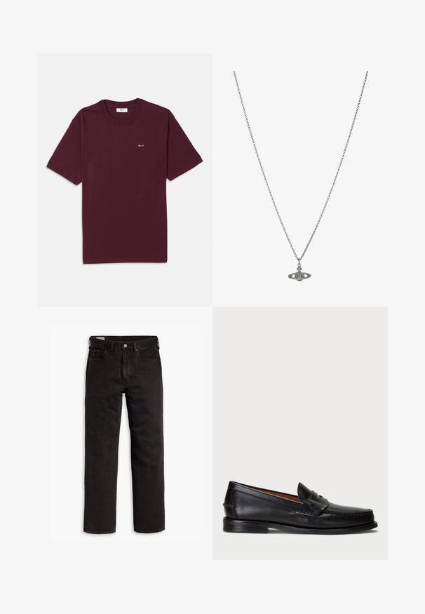 Burgundy puuvillapaita, jossa on pyöreä kaula-aukko, lyhyet hihat ja pieni valkoinen "NN. 07" -logo rinnassa. Sileä rakenne, normaali istuvuus.; Mustat suorat farkut, joissa on viisi taskua, nappisulku ja vyölenkit, aseteltuna tasaisesti valkoista taustaa vasten.; Musta nahkainen loaferi pyöristetyn varpaankärjen, ommellun yksityiskohdan ja koristeellisten hihnojen kanssa edessä. Tasapohja, jossa minimaalinen profiili.; Hopeaketju, jossa on yksityiskohtainen riipus planeetan muodossa, koristeltuna pienillä yksityiskohdilla ja monimutkaisilla kuvioilla.