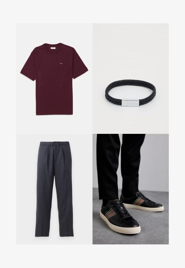 Burgunderfarbene Baumwoll-T-Shirt mit Rundhalsausschnitt, kurzen Ärmeln und einem kleinen weißen "NN. 07" Logo auf der Brust. Glatte Textur, normale Passform.; Dunkelblaue Hose aus weichem Stoff mit gef alteter Vorderseite und elastischem Bund. Verfügt über einen Knopfverschluss und gerades Bein.; Schwarze Ledersneaker mit mehrfarbigen gestreiften Akzenten, runder Zehenform und weißen Gummisohlen, mit schnürbarem Design und geprägter Markenkennzeichnung.; Schwarzes geflochtenes Lederarmband mit einem silberfarbenen Verschluss, auf dem der eingravierte Name "Paul Smith" zu sehen ist. Glatte Oberfläche und kreisförmiges Design.