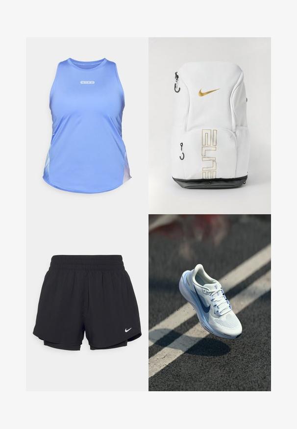 Nike skriešanas bezpiedurkņu krekls gaiši zilā audumā. Iezīmē apaļu kakla izgriezumu, bez piedurknēm un smalkus gradienta akcentus apakšmalā.; Melni sporta šorti ar savelkamu elastīgu jostasvietu, iekšējo oderi un baltu Nike logotipu kreisajā apakšējā stūrī. Gluda, viegla auduma.; Balts sporta apavi ar elpojošu sietu augšdaļu un zilu akcentu. Iezīmēts ar mīkstu zoli un plakaniem šņorēm. Viduszolei ir "Air Zoom" zīmols.; Nike mugursoma baltā krāsā ar zelta logotipu un „ELITE” tekstu, ar rāvējslēdzēja aizdarēm, sieta sānu kabatām un melnu apakšdaļu. Gluda virsma.