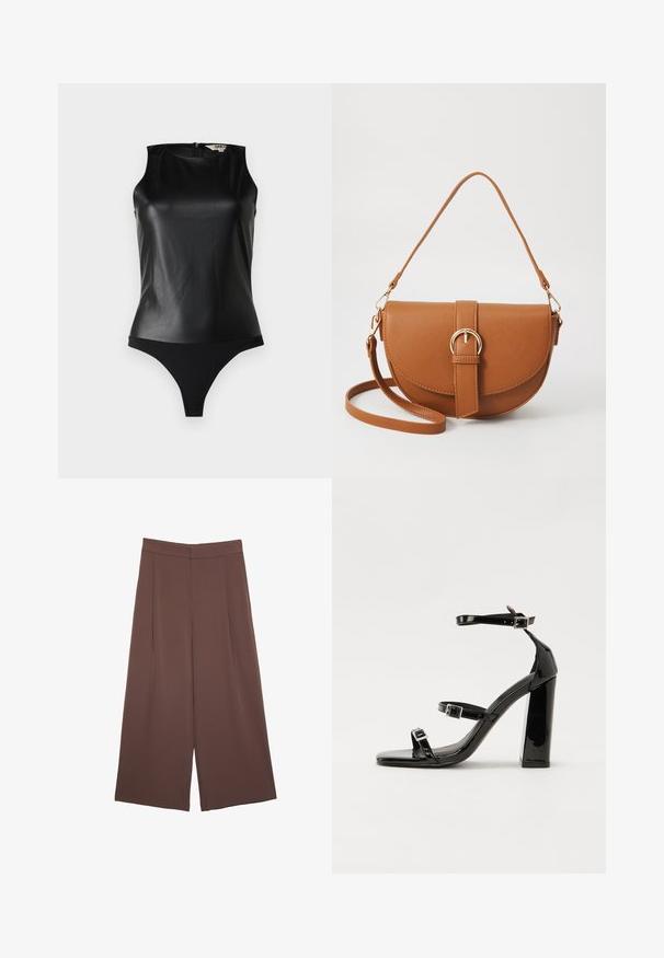 Crni bezrukavni bodi s glatkom gornjom stranom od umjetne kože i kontrastnim mat crnim donjim dijelom. Ima zatvaranje na zatvarač straga za jednostavno oblačenje.; Smeđe hlače širokog kroja s glatkom teksturom, koje imaju visok struk i nabore sprijeda. Tkanina je lagana i slobodno se kreće.; Crne lakirane sandale na pete sa kvadratnim nosom, trakama oko gležnja i srebrnim kopčama. Imaju čvrst blok petu za stabilnost.; Smeđa kožna torba preko tijela s zakrivljenim oblikom, zlatnim metalnim detaljima i naglaskom na kopču. Ima odvojivu naramenicu.