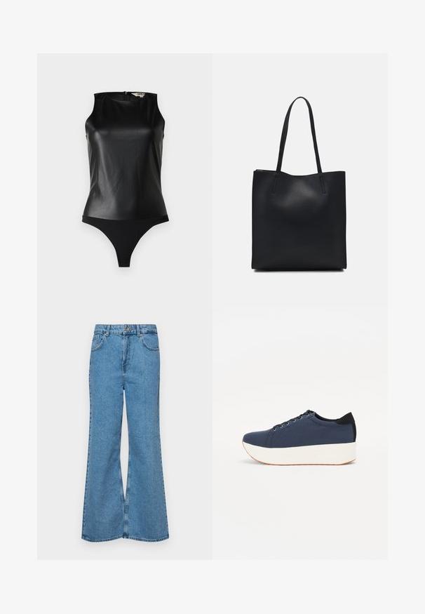 Body senza maniche nero con parte superiore in ecopelle liscia e parte inferiore opaca nera contrastante. Presenta una chiusura con zip sul retro per una facile vestibilità.; Jeans svasati di un blu chiaro, realizzati in denim, con vita alta, cinque tasche e chiusura a un bottone. Morbido al tatto con una finitura scolorita.; Sneaker blu navy con tomaia in tessuto texturizzato, suola piatta bianca, punta arrotondata e accentuazione nera sul tallone. Presenta sei fori per i lacci.; Borsa tote in pelle nera con texture liscia, forma rettangolare e due manici lunghi. Nessun hardware o decorazione visibile.