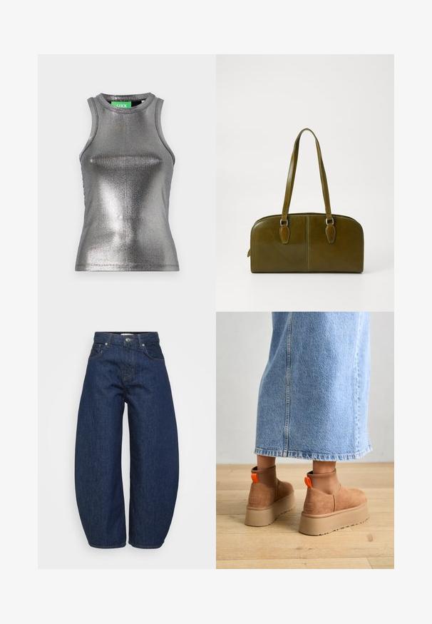 JJXX FOREST SHINE - Top - silver; Dark blue denim jeans with a wide, relaxed fit. Features a zip fly, four pockets, and contrasting stitching along seams.; Brown suede platform boots with elastic side panels and orange pull tabs, paired with a knee-length light denim skirt on a wooden floor.; Olive green leather handbag with a rounded shape, dual handles, and seamless front. Features a smooth texture and subtle stitching details.; Silver hoop earring with a polished finish, featuring small gold accent details and a round shape, worn on the lobe.