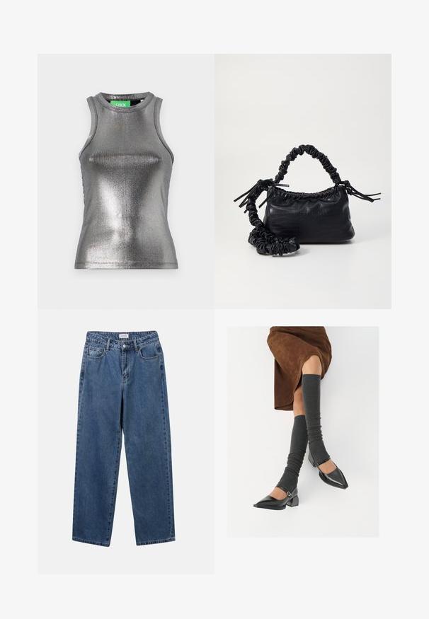 JJXX FOREST SHINE - Tops - silver; Klasiskie zili džinsi ar taisnu kāju dizainu, pieciem kabatām un pogu aizdari. Iezīmējas ar vidēju mazgāšanu un izturīgu tekstūru.; Melnas laka ādas apavi ar norādītu purngalu, blokveida papēdi un potīšu jostu, saskaņoti ar pelēkām ribotām kāju sildītājām un brūnu zamšādas svārku.; Melnā mākslīgās ādas rokassoma ar krokodila rakstu, savilkta augšdaļa un saburzīta siksna. Izskatās mīksta un kompakta pēc dizaina.