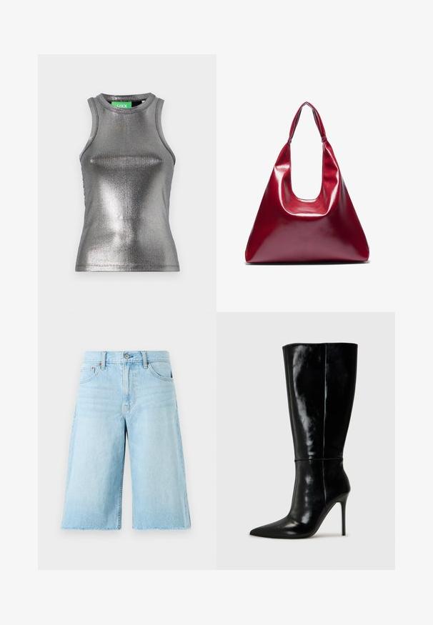 JJXX - Top; Jasnoniebieskie dżinsowe szorty o luźnym kroju, strzępiony dół, pięć kieszeni i metalowe okucia. Klasyczny design dżinsów z delikatnym postarzeniem.; Czarne skórzane wysokie buty za kolano z ostro zakończonym noskiem i wysokim obcasem w kształcie szpilki. Gładka tekstura i smukły design, z minimalnymi detalami.; Czerwona, błyszcząca skórzana torebka o trójkątnym kształcie, z szerokim otwarciem na górze i pojedynczym, zaokrąglonym uchwytem. Gładka tekstura z minimalnymi detalami przeszyć.; Zestaw srebrnych kolczyków z różnymi wzorami: kółka, sztyfty i wiszące style, z kulistymi akcentami i spiczastymi elementami.