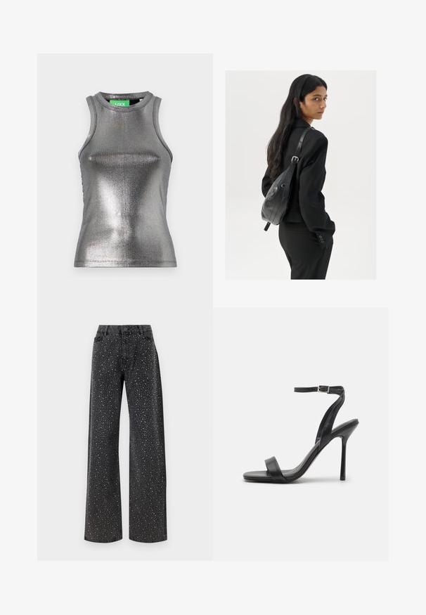 JJXX FOREST SHINE - Top - silver; Noisy May NMJANNEL LOOSE - Džínsy voľného strihu - black denim; Čierne sandále na vysokej ihlovej podpätku so štíhlym členkovým remienkom a dvoma prednými pásikmi. Vyrobené z hladkej kože s elegantne špicatou špičkou a vysokým podpätkom.; Žena s dlhými tmavými vlasmi, oblečená v čiernom obleku, nesúca čiernu koženú kabelku na ramene, pozerajúca cez rameno na bielom pozadí.