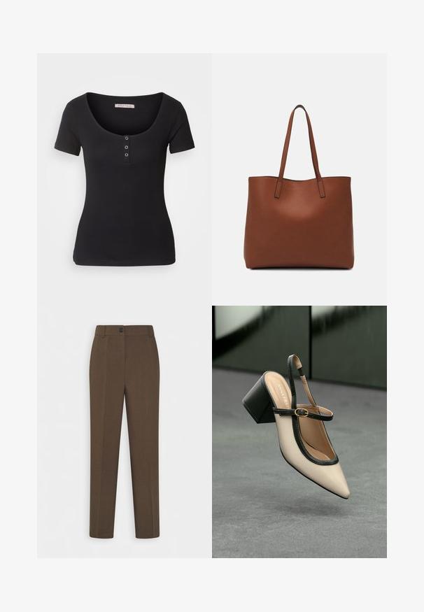 Svart ribbestrikket t-skjorte med korte ermer og vid scoop-hals. Har tre sølvfargede knappdetaljer foran. Myk tekstur.; Rette brune bukser med beltehemper og en enkelt frontknapp, vist på en hvit bakgrunn.; Beige spiss tå slingback sko med svart kant, gullspenne og tykk blokkheel på grått gulv med mørkegrønn bakgrunn.; Brun lær tote veske med en jevn tekstur, åpen toppdesign og to skulderstropper. Har minimal søm og ingen synlige spiker.