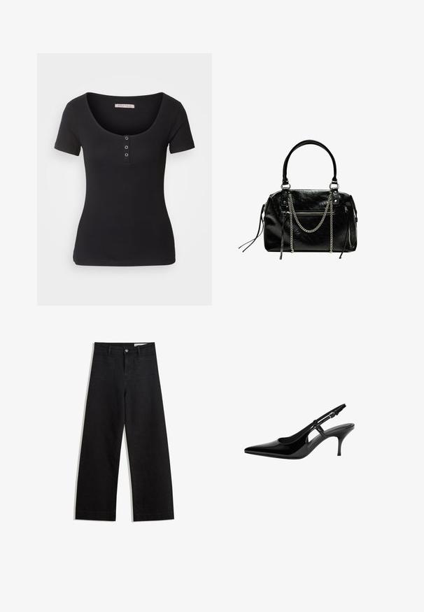 Fekete bordázott póló rövid ujjal és széles, kör alakú nyakkivágással. Elöl három ezüst gomb díszítés található. Puha tapintás.; Fekete, bő szabású farmernadrág magas derékkal, elülső és hátsó zsebekkel, varrott felületekkel és gombos záródással. Sima textúra.; Fekete lakk bőr slingback magassarkú cipő, hegyes orral, nyitott oldalvágásokkal, karcsú sarokkal és állítható boka pánttal.; Bershka WITH CHAIN - Kézitáska - black