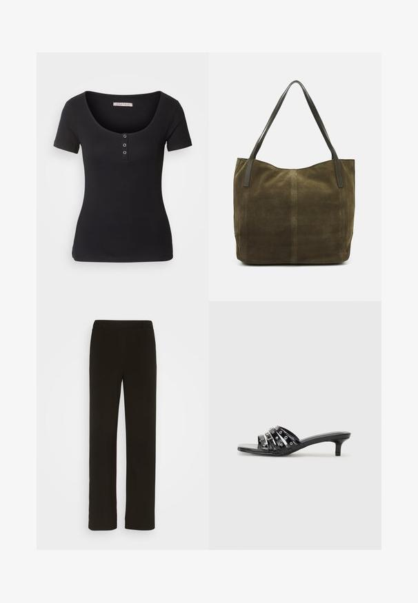 Musta ribaga T-särk lühikeste varrukatega ja laia ümarat kaelaauguga. Ees on kolm hõbedast nööbi aksessuaari. Pehme tekstuur.; Mustad, sirged jalad, mis on valmistatud kootud kangast, millel on lame esiosa, kaks külgtaskut ja sile tekstuur. Ilma nähtavate mustrite või aktsentideta.; Mustad musta värvi kontsaga sandaalid, millel on mitmed läikivad rihmad ja metallist aksessuaarid, samuti terav nina ja tagasihoidlikud kitin-kontsad. Sile tekstuur.; Oliivroheline sametiste tekstuuriga käekott kahe nahk käepidemega, pehme tekstuur, õmblustega detail keskel ja avatud ülaosa disain.; Hõbedane rõngas kõrvarõngas poleeritud viimistlusega, millel on väikesed kuldsed aktsendid ja ümmargune kuju, kantud lobus.
