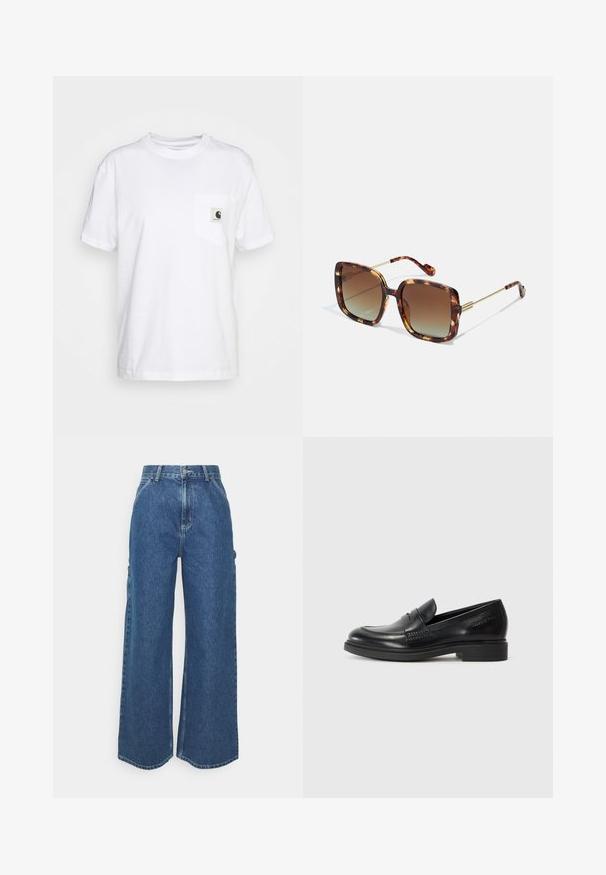 Valge puuvillane T-särk lühikesed varrukad, ümmargune kaelus ja vasakul rinnatasku, millel on must-valge logo silt.; Laiene jalad sinised denim püksid kõrge vöökohaga, kontrastsete õmblustega ja küljetaskutega, klassikalise viie taskuga disainiga ja toore servaga.; Mustad mustad viimistletud nahast mokassiinid ümarate varvastega, õmblustehnikaga ja madala plokknäheeliga. Sile tekstuur, ilma nähtavate mustrite või aktsentideta.; Pruun kilpkonnamustriga päikeseprillid ruudukujulise raami, gradient objektiivide ja kuldsete metallaktsentidega templitel ja käsi. Tekstureeritud pind.