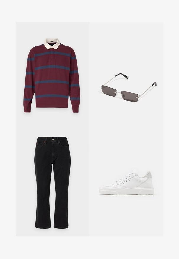 Burgundi hosszú ujjú polo ing, navy és világoskék csíkokkal, kontrasztos fehér gallérral és két gombos záródással.; Fekete farmernadrág egyenes szabású dizájnnal, öt zsebes stílussal és réz árnyalatú fém kiegészítőkkel. Simító textúra és közepes derékmagasság.; Fehér bőr sportcipő sima felülettel, kerek orral, lapos fűzőkkel és textúrált talppal. Szürke velúr díszítés a saroknál.; Napszemüveg téglalap alakú, sötétszürke lencsékkel, ezüstszínű fémkerettel és fekete műanyag végű szárakkal. Könnyű kivitel, orrpárnákkal.