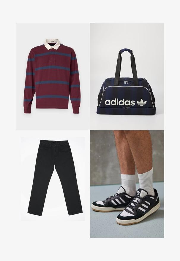 Langärmliges Poloshirt in Bordeaux mit marineblauen und hellblauen Streifen, ausgestattet mit einem kontrastierenden weißen Kragen und einer Knopfleiste mit zwei Knöpfen.; Schwarze Jeans aus Denim mit einem geraden Bein-Design, fünf Taschen und einem klassischen Bund. Der Stoff hat eine glatte Textur und minimale Details.; Schwarz-weiße Sneaker mit einem Obermaterial aus Wildleder und Leder, ausgestattet mit drei weißen Streifen, einer perforierten Zehenpartie und einer Sohle aus Gummi.; Navy Duffelbag mit weißem Adidas-Logo, ausgestattet mit einem Reißverschluss oben, zwei robusten schwarzen Griffen und seitlichen Netztaschen. Glatte Stoffoberfläche.
