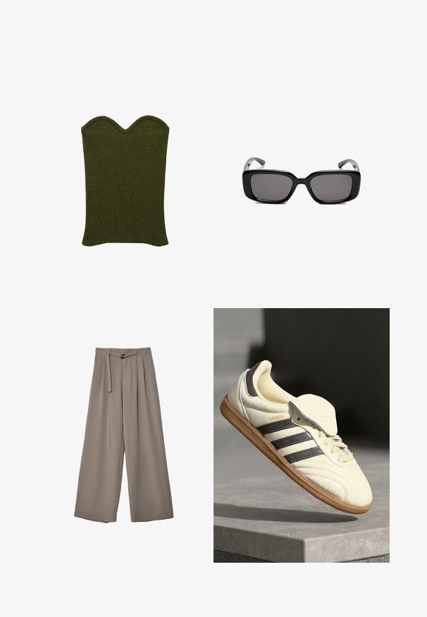 Mango Top - light green; Široke hlače u mekoj, prigušenoj sivoj tkanini, s remenom na struku i plisiranim detaljima za dodatni dizajn. Glatka tekstura, bez uzoraka.; Kremaste kožne tenisice s tri tamne pruge, smešnim gumiranim potplatom i zaobljenim vrhom. Imaju preklopni jezik označen s "SAMBA."; Crne pravokutne sunčane naočale s tamnim lećama, glatkim plastičnim okvirom i zakrivljenim državama. Dizajn je masivan s minimalističkom estetikom.