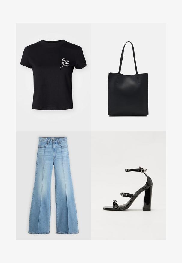 Črna bombažna majica s kratkimi rokavi z belim logotipom "Calvin Klein Jeans" na levem prsnem predelu. Okrogli izrez, sproščen kroj.; Svetlo modre hlače z visokim pasom in širokimi nogavicami, sprednje in zadnje žepe, zanke za pas in vertikalne šive spredaj.; Črne lakirane sandale s peto, kvadratnim prstom, trakovi okrog gležnja in srebrnimi zaponkami. Opremljene so s stabilno Debelo peto.; Črna usnjena torba s svilnato teksturo, pravokotne oblike in dvema dolgima ročajema. Brez vidnih metalnih delov ali okrasnih elementov.