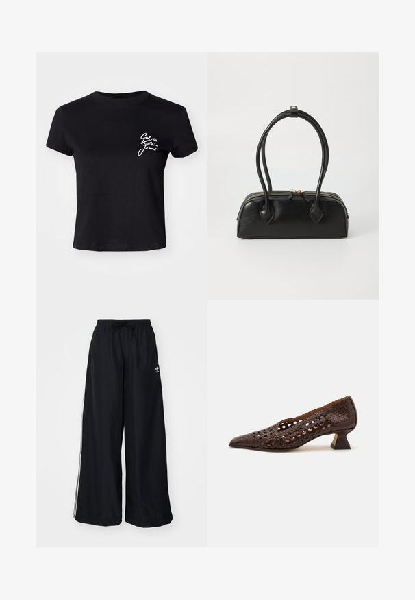 Melna kokvilnas īsām piedurknēm t-krekls ar baltu logo tekstu "Calvin Klein Jeans" kreisajā krūšu daļā. Apaļš kakla izgriezums, ikdienišķs piegriezums.; Melni plataji svārki, kas izgatavoti no viegla auduma. Raksturīga elastīga josta ar auklu un baltām sānu svītrām. Zīmola logo uz gurniem.; Brūni austas ādas kurpes ar norādītu pirkstu, atvērtu izgriezumu, zemu formētu papēdi un gludu iekšējo oderi.; Melnas ādas rokassomas ar divām izstieptām rokturiem, rāvējslēdzēja aizdare un noapaļota forma; gluda tekstūra ar noslēpumainu mirdzumu.