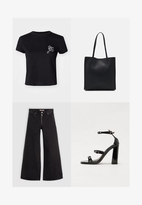 Čierne bavlnené tričko s krátkymi rukávmi, na ľavej časti hrude s bielym logom "Calvin Klein Jeans". Okrúhly výstrih, voľný strih.; Dlhé nohavice vo voľnom strihu z čierneho denimu so zipsom vpredu, päť vrecúškovým dizajnom a jemnými stehovými detailmi. Hladká textúra a neformálny štýl.; Čierne lakované sandále na podpätku so štvorcovou špičkou, navlečenými remienkami okolo členku a striebornými prackami. Disponujú masívnym blokovým podpätkom pre stabilitu.; Čierna kožená taška na rameno s hladkým povrchom, obdĺžnikovým tvarom a dvoma dlhými uchami. Bez viditeľného kovania alebo ozdôb.