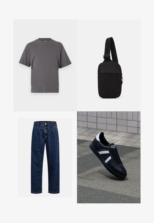 Grå T-shirt med korte ærmer, lavet af en blød bomuldsblanding, med rund hals og et enkelt design uden mønstre eller accenter.; Mørkeblå denimjeans med lige ben-design. Har synlige syninger, en knaplukning og frontfoldninger for ekstra detalje.; Sort lædersneaker med hvide striber, tekstureret gummisål og snørrebånd foran. Har et brandet mærke på tungen.; Sort crossbody taske lavet af slidstærkt stof, med en enkelt justerbar rem, en lynlåset hovedrum og en frontlomme.