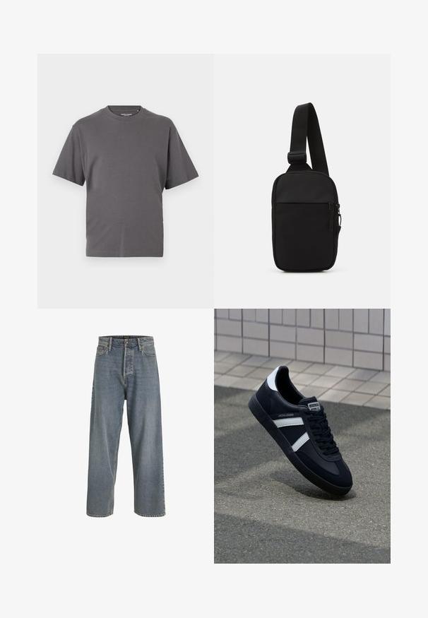 Camiseta gris de manga corta hecha de una suave mezcla de algodón, con cuello redondo y un diseño simple sin patrones ni acentos.; Jeans de mezclilla de pierna ancha en azul claro con una cintura alta, diseño de cinco bolsillos y costuras visibles. Textura suave con un aspecto ligeramente desgastado.; Zapatilla de cuero negra con rayas blancas, suela de goma texturizada y parte frontal con cordones. Cuenta con una etiqueta de marca en la lengüeta.; Bolso cruzado negro fabricado en tejido duradero, con una sola correa ajustable, un compartimento principal con cremallera y un bolsillo delantero.