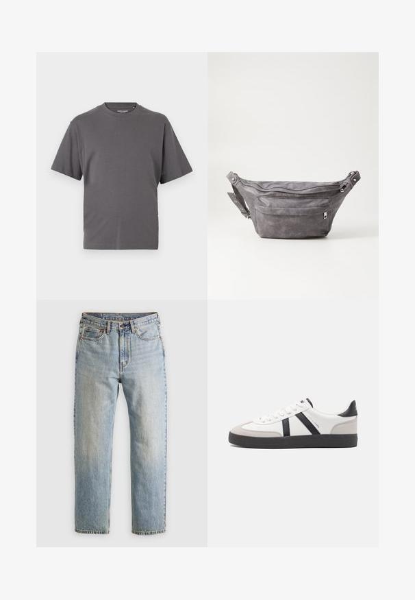Pelēka īso piedurkņu T-kreklā, kas izgatavots no mīksta kokvilnas auduma, ar apaļu kakla izgriezumu un vienkāršu dizainu bez rakstiem vai akcentiem.; Gai zila denima bikses ar augstu jostasvietu, priekšējo pogu, rāvējslēdzēju un piecu kabatu dizainu, izlīdzinātas uz neitrāla fona.; Baltas sneakeris ar melniem un pelēkiem akcentiem, kuram ir teksturēts pelēks purngals, melna gumijas zole un plakanas baltas šņores. Tīrs dizains, minimālisma stils.; Pelēks zamšādas jostas somiņa ar noapaļotu formu, divām kabatām ar rāvējslēdzējiem un regulējamu siksnu. Iekļauj metāla aksesuārus.