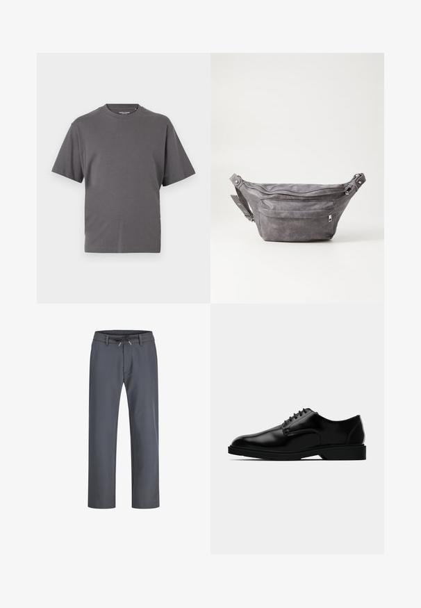 Grå T-shirt med korte ærmer, lavet af en blød bomuldsblanding, med rund hals og et enkelt design uden mønstre eller accenter.; Grå bukser med elastisk talje og snøring. Lige ben-design, lavet af glat stof, har minimal syning og ingen synlig hardware.; Sorte læder dress sko med en glat finish, rund tå, snørebåndsdesign og diskret gummisål for godt greb.; Grå suedefanny pack med en rund form, to lynlåslommer og justerbart strop. Har metalhardware detaljer.