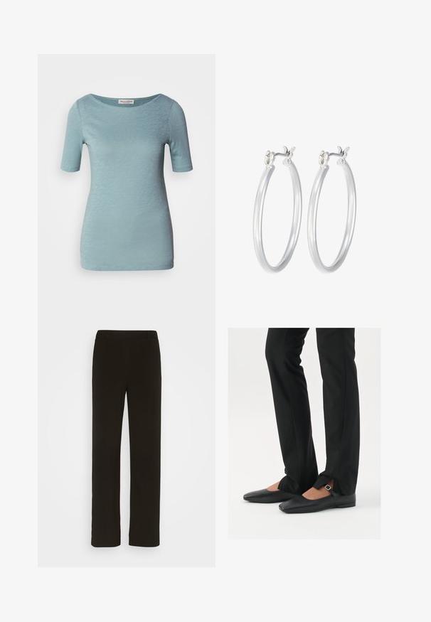 Svetlo modra kratka majica s kratkimi rokavi, narejena iz gladkega in subtilno teksturiranega materiala, z okroglim izrezom in ravnim robom.; Črne hlače straight-leg iz tkanine, z ravnim sprednjim delom, dvema stranskima žepoma in gladko teksturo. Brez vidnih vzorcev ali dodatkov.; Črne usnjene balerinke s koničastim nosom, trak z srebrno zaponko, v kombinaciji s črnimi elegantnimi hlačami z razporkom na robu.; Srebrni obroči za ušesa z gladko, polirano površino. Okrogla oblika in varna zaponka s klikom. Lahka zasnova, primerna za vsakodnevno nošenje.