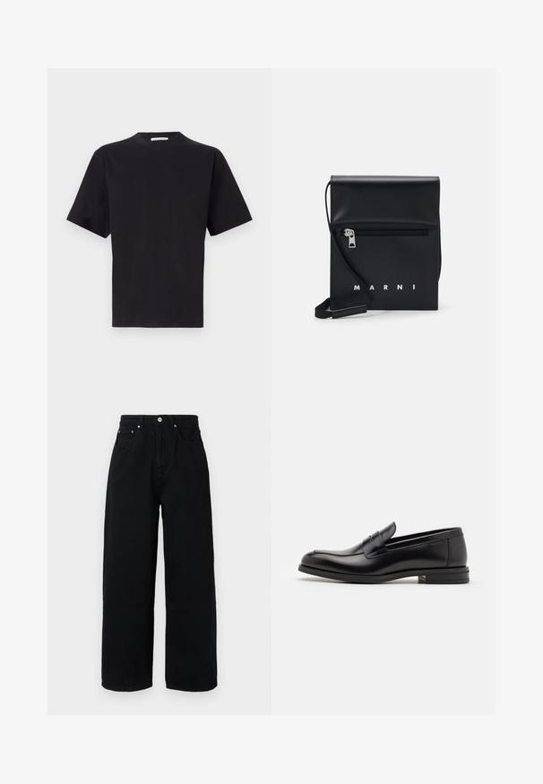 Juodas trumpas rankovės marškinėlis, apvalaus iškirpimo, pagamintas iš švelnaus medvilninio audinio. Paprastas dizainas be matomų raštų ar akcentų.; Juodos plačios kelnės iš medvilnės su aukštu liemeniu, priekinėmis kišenėmis, sidabriniu mygtuku ir švariu apdailos kraštu.; Juodos odinės loafers, turinčios lygų paviršių, apvalią noselę ir dekoratyvinę juostą per priekinę dalį. Žemas krentantis kulnas, minimalistinis dizainas.; Juodas odinis per petį nešiojamas krepšys su užtrauktuku ant priekio, iškilminiu logotipu ir reguliuojama juosta. Lygi tekstūra su struktūrizuota forma.