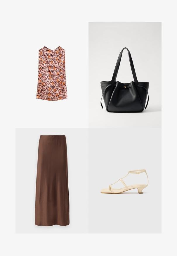 Ärmelloses Oberteil aus leichtem Stoff mit einem wellenförmigen Tierdruck in verschiedenen Orangetönen, Braun und Pink. Glatte Textur, lockerer Fall.; Brauner Satin-Midirock mit glatter Textur, gerader Schnitt und ohne sichtbare Muster oder Verzierungen. Einfaches und elegantes Design.; Beige Absatzsandalen mit T-Riemen-Design, quadratischer Zehenpartie, verstellbarem Knöchelriemen und niedrigem Blockabsatz. Aus glattem Leder.; Schwarze Leder-Tote mit zwei langen Tragegriffen, einem gerafften oberen Teil und einem goldenen runden Akzent. Glatte Textur mit minimalistischem Design.