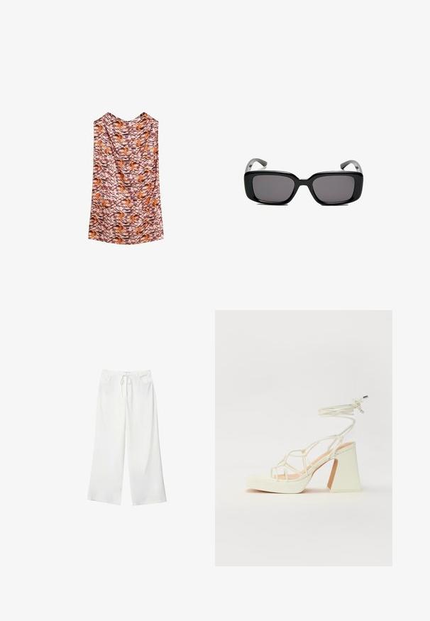Tílko bez rukávů z lehkého materiálu s vlnitým zvířecím potiskem v odstínech oranžové, hnědé a růžové. Hladká textura, volný střih.; Bílé široké kalhoty vyrobené z měkké látky, které mají pružný pas a dvě přední kapsy. Hladký povrch a žádné viditelné vzory.; Bílé sandály na vysokém podpatku s robustním podpatkem, s designem s pásky a zavazováním kolem kotníku. Hladký povrch s platformou vpředu pro zvýšení výšky.; Černé obdélníkové sluneční brýle s tmavými skly, hladkým plastovým rámem a zakřivenými stranicemi. Design je robustní s minimalistickou estetikou.; Beige kožená kabelka s jedinečným tvarem, vybavená dvěma krátkými uchy a dlouhým nastavitelným popruhem. Hladká textura s minimem kovových doplňků.