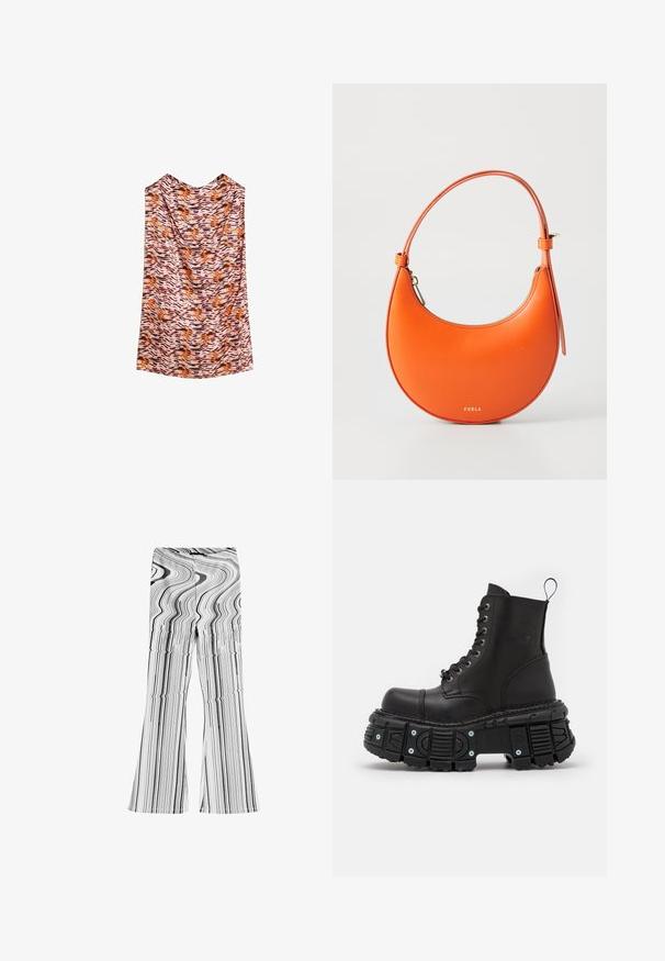 Mouwloos topje van lichtgewicht stof met een golvend dierenprint in tinten van oranje, bruin en roze. Zachte textuur, losse draping.; Zwart-witte flare broeken met een golvende gestreepte print. Gemaakt van een glad materiaal met een aangesloten taille en brede pijpen.; Zwarte leren gevechtslaarzen met een hoge schacht, vetersluiting, dikke rubberen zool en metalen accenten op de basis van de zool.; Oranje leren handtas met een halve maanvorm, slanke schouderband en gouden hardware. Beschikt over een rits sluiting en een gegraveerde merknaam op de voorkant.