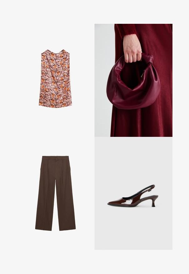 Top sin mangas en tejido ligero con un estampado animal ondulado en tonos de naranja, marrón y rosa. Textura suave, caída suelta.; Pantalones de pierna ancha marrones, confeccionados en una tela suave, con una cintura alta, pliegues frontales y dos bolsillos laterales.; Zapato slingback de charol marrón con punta afilada y tacón moderado. Cuenta con una correa con hebilla para un ajuste seguro. Textura suave.; Bolso de cuero burdeos con un diseño suave y recogido y una forma redondeada. La asa está asegurada, mostrando una textura lisa.
