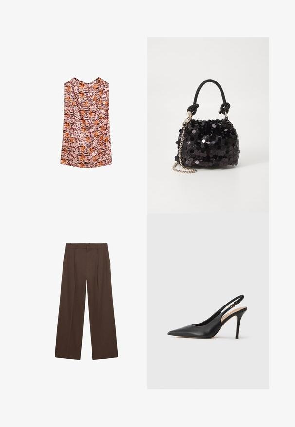 Top senza maniche in tessuto leggero con una stampa animale ondulata in tonalità di arancione, marrone e rosa. Texture liscia, caduta morbida.; Pantaloni a gamba larga marroni realizzati in un tessuto liscio, con vita alta, pieghe frontali e due tasche laterali.; Scarpa con tacco alto a punta in pelle nera, con una texture liscia e un delicato cinturino con una fibbia metallica.; Mini borsa a tracolla nera in paillettes con una tracolla texturizzata annodata e catena argentata. Forma rotonda con parte superiore arricciata e dettagli riflettenti.