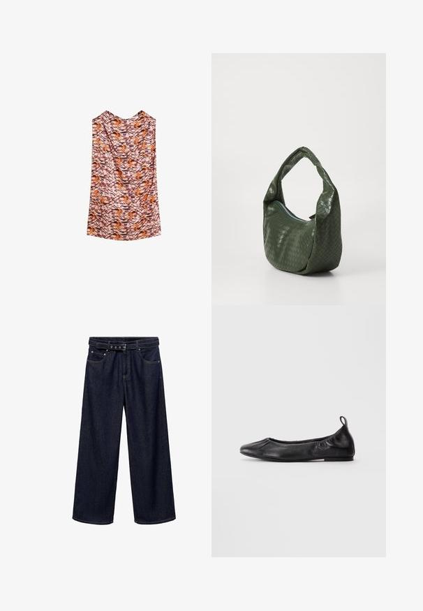 Ærmeløs top i letvægtsstof med en bølgende dyreprint i nuancer af orange, brunt og pink. Glat tekstur, løs drapering.; Mørkeblå brede jeans lavet af denim. Har et bælte i taljen med flere knapper, forlommer og en ren afslutning ved sømmene.; Sort læder balletflade med rund tå, samlede elastiske sider og en løftestrop ved hælen, vist på en lys baggrund.; Grøn vævet lædertaske med en buet hank og lynlås. Har en struktureret, mønstret overflade og en blød, slaskede form.