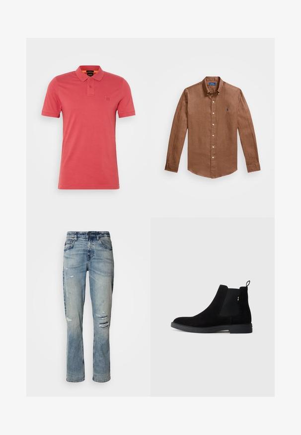 Červené bavlnené polo tričko s golierom, dvomi gombíkmi, krátkymi rukávmi a malým logom na hrudi. Hladký povrch a neformálny dizajn.; Hnedá dlhá rukávová košeľa s gombíkmi z ľanu, s klasickým golierom, prednými gombíkmi a malým modrým logom na hrudníku.; Svetlomodré džínsy s rovnými nohavicami, so distressed detailmi a vybieleným vzhľadom. Štandardný dizajn s piatimi vreckami a so zapínaním na gombík.; Čierne semišové Chelsea topánky s elastickými bočnými panelmi, okrúhlou špičkou a nízkou gumovou podrážkou. Obsahujú pútko na zadnej strane pre jednoduché obúvanie.