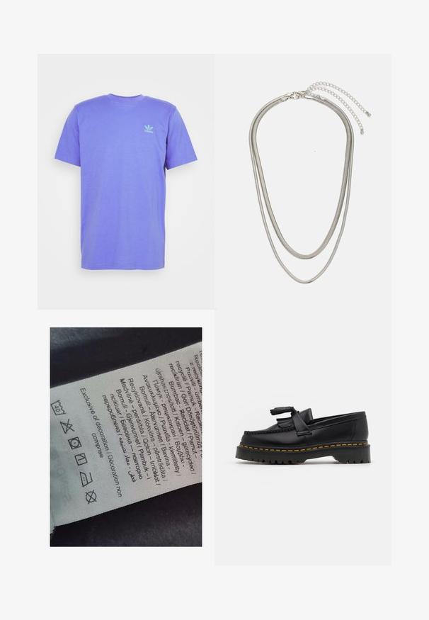 adidas Originals TREFOIL ESSENTIALS - T-shirt con stampa - semi blue; Etichetta con testo multilingue, simboli di cura e icone di riciclo, stampata su un materiale morbido simile a stoffa di colore chiaro.; Mocassino in pelle nera con un'accento a frange, dotato di una suola nera spessa e cuciture gialle lungo il bordo. Finitura testurizzata.; Collana in metallo argentato a tre strati caratterizzata da catene sottili e flessibili con una leggera lucentezza, fissata con un gancio a molla e una catena regolabile.